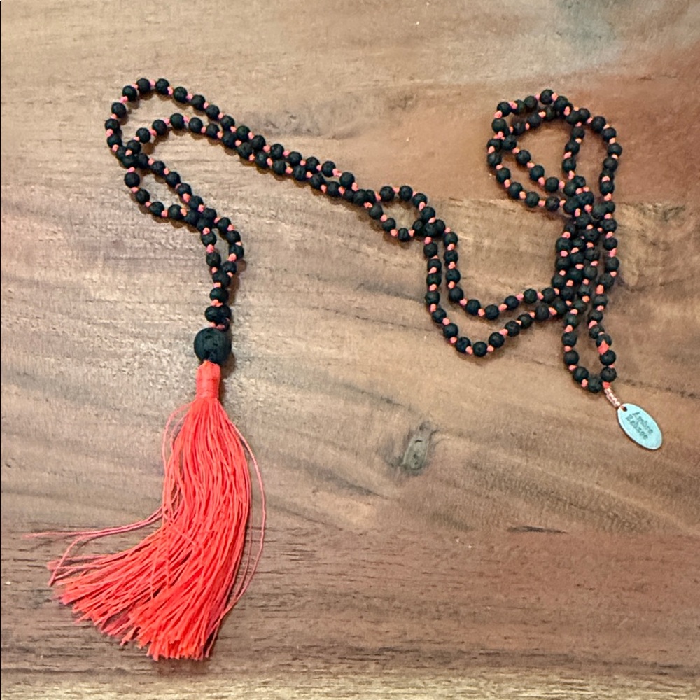 Chic Black and Neon Orange Beaded Necklace with Tassel